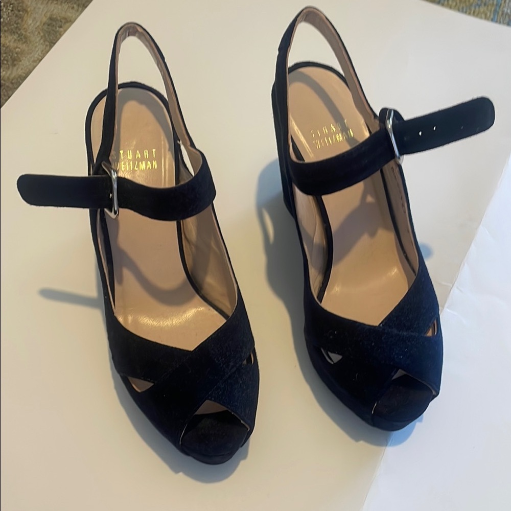 Stuart Weitzman Black Patent Leather Peep-Toe Heels